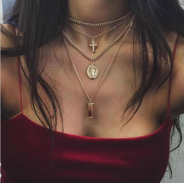 

fashion necklace four layer metal chain choker cross virgin mary oval-shaped cuboid slide pendant gold color plated woman gift, Silver