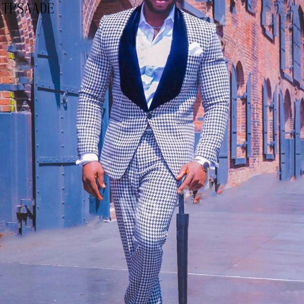 

latest houndstooth 2 pieces men suits shawl lapel blazer jacket men suits for wedding prom blazer masculino jacket+pant, White;black