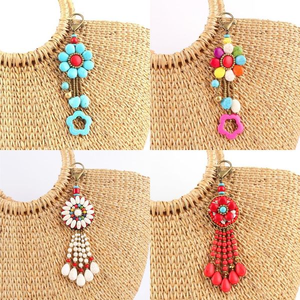 

1pc dangling tassels turquoise keyring with colorful beads flower charms pendant keychain car bag hanging ornament jewelry, Silver
