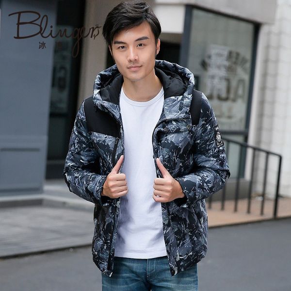 

bg down jacket for men thicken winter fashion print stitching hooded down jacket slim short male j1601011h, Black