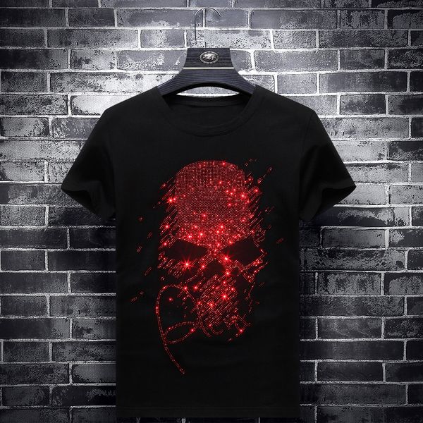 

2019 ярких стразы red skulls футболка мужчины с коротким рукавом мода одежда streetwear o шеи модального хлопок calaveras camiseta, White;black