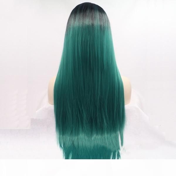 

glueless long silky striaght women hair cosplay wigs ombre green dark root synthetic lace front wig heat resistant fiber hair, Black