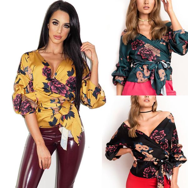 

womens satin blouse fashion women ladies blouses floral print tuxedo wrap over satin blouse ladies bandage shirts clothes black, White