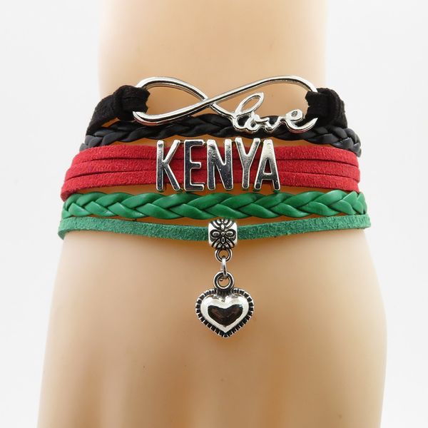 

love kenya national flag bracelet heart charm kenya flag leather bracelets & bangle for woman and man jewelry gift, Golden;silver