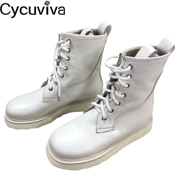 

thick sole ankle boots british genuine leather flat knight boots runway platform winter shoes woman white lace up short, Black