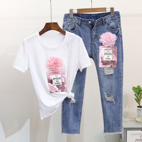 

sequins women bottle t shirts denim pants sets loose tshirt calf length trousers short sleeve 2pcs suits for female woman drop shipping, White
