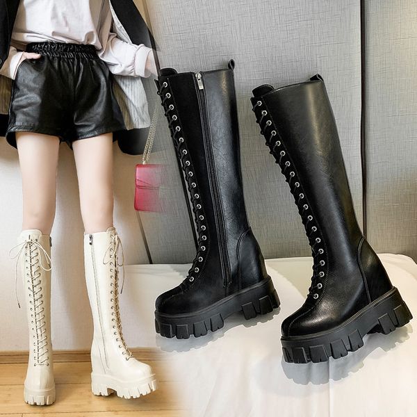 

shoes zipper lace up boots winter footwear round toe platform thigh high heels high booties ladies luxury, Black