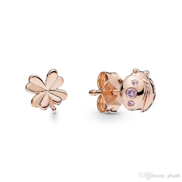 

розовое золото покрыло clover ladybird стад серьги оригинальной коробку для пандоров стерлингового серебра 925 милых маленьких наборов серьг, Golden;silver