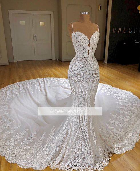 

2019 Real Photos Sexy Full Lace Mermaid Wedding Dresses Sweep Train Spaghetti Straps Appliques Bridal Gowns Engagement Dresses Custom Made
