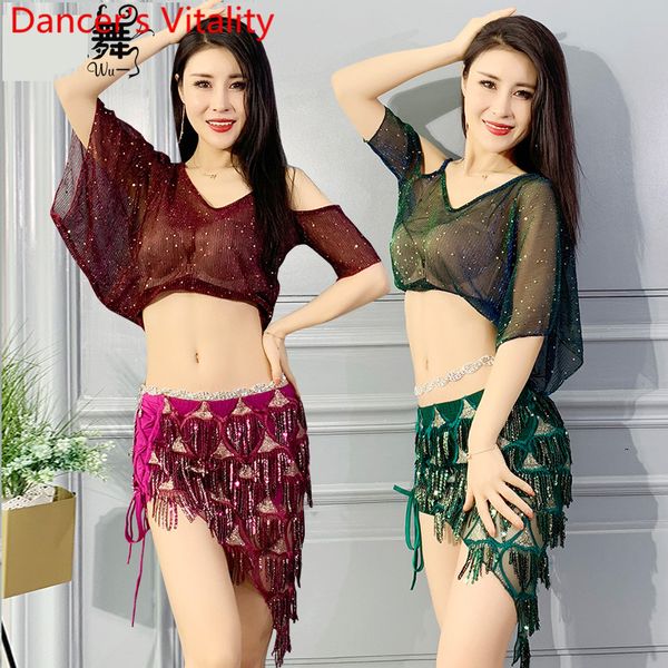 

belly dance training clothes summer new 2019 women girls lady yarn sequin skirt performance outfits oriental practice set, Black;red