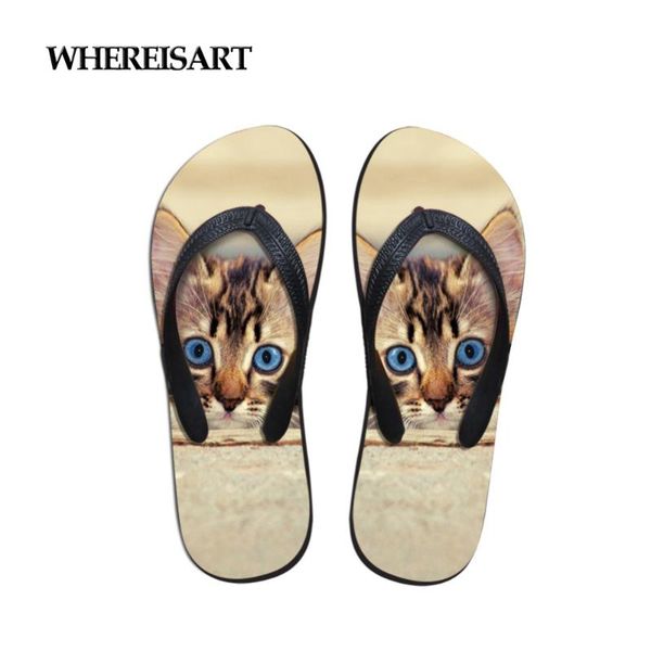 

whereisart женщин моды лето пляж плоская вьетнамка cute pet кошка 3d печать износостойкой для девочек на открытом воздухе casual башмачка, Black