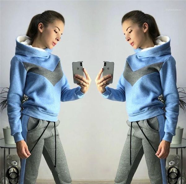 

бюстие женской одежда зимняя женский 2pcs обшитая панели спорт наборы с длинным рукавом толстовки с капюшоном дама two, White