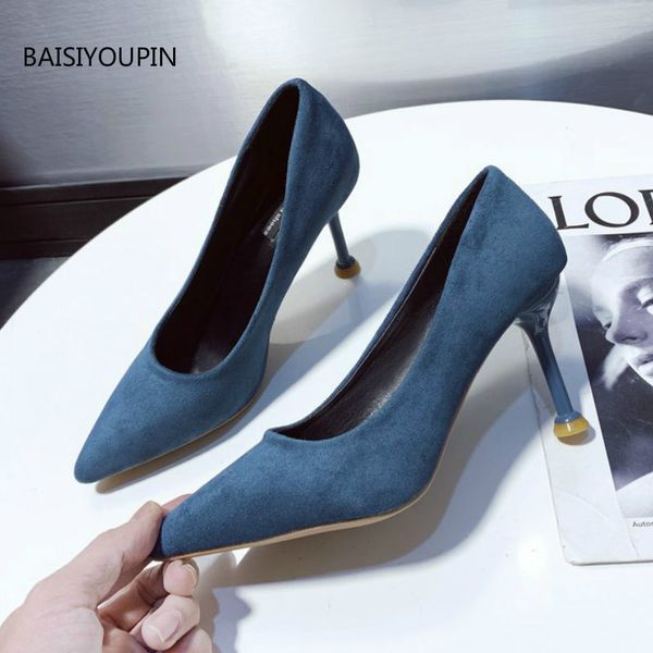 

office pumps women shoes four seasons fashion thin heels classics 7.5cm high heels flock solid ladies career female shoes, Black