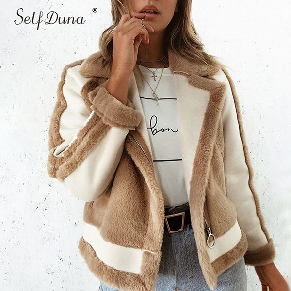 

self duna 2019 autumn winter women faux fur coat casual plush outwear elegant soft warm zipper female suede fur jacket, Black