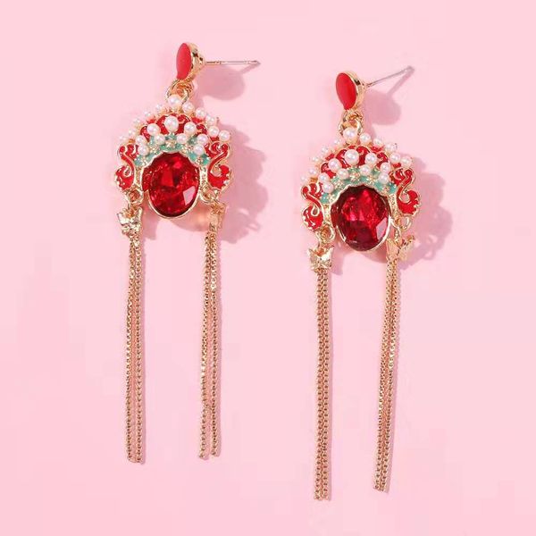 

peking opera mask gemstone dangle earrings for women luxury designer ruby pearls female role hat chandelier earrings red gem pearl jewelry, Silver