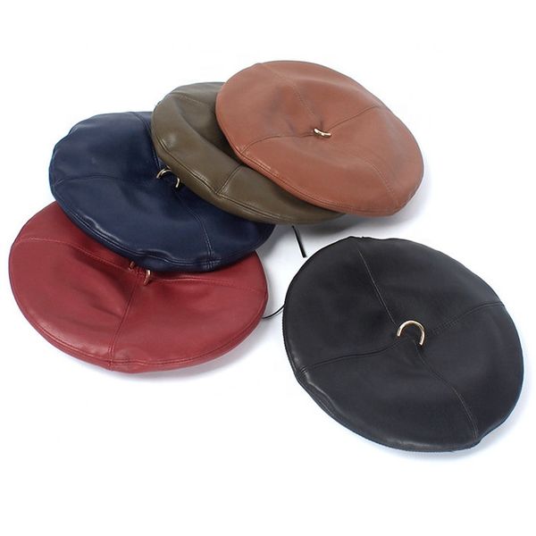 

stylish pu leather beret hat cap with metal ring