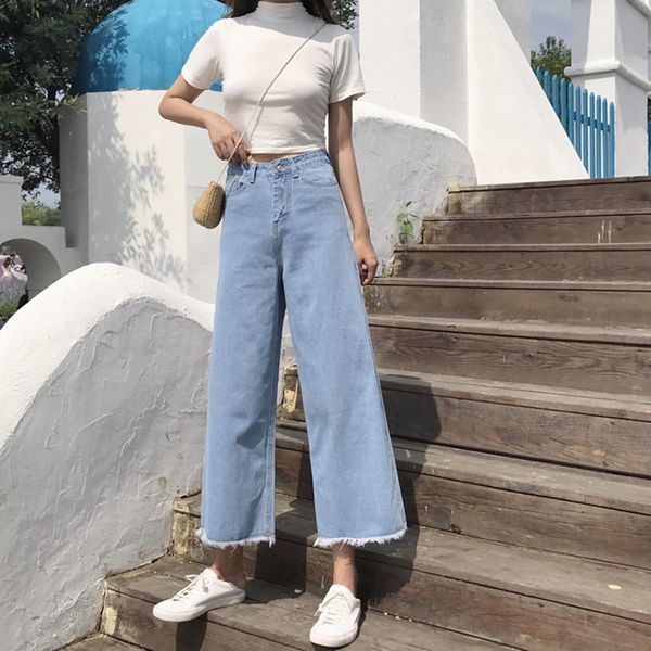 

женские джинсы весна новый дикий высокой талией джинсовые укороченные брюки ретро-край свободные широкие брюки повседневный уличный стиль дж, Black;white