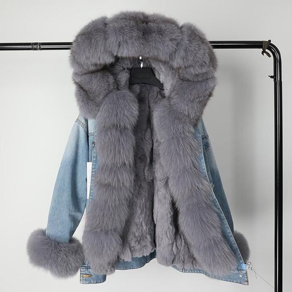 

lavish grey fox fur trim maomaokong brand grey fox fur threshold and rabbit fur lining demin mini women parkas, Black