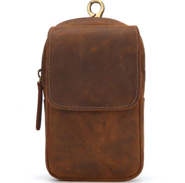 Designer-Vintage Echtes Leder Männer Taille Packs Crazy Horse Leder Taille Tasche Reise Männlich Fanny Pack Gürtel Schlaufen Hüfte Bum tasche Telefon Beutel