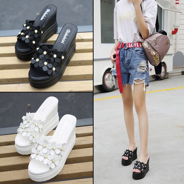 

fashion platform heels slippers women summer slip on shoes peep toe wedges slides flower rivet sandalias mujer black white