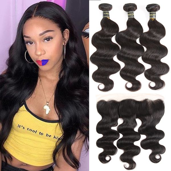 

9a unprocessed malaysian virgin hair extensions body wave human hair 3 bundles with 13x4 lace frontal remy human hair wefts with closure, Black;brown