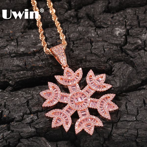

uwin fashion women baguette pink snowflake shape pendant necklace rose gold iced bling bling cubic zirconia hiphop jewelry, Silver