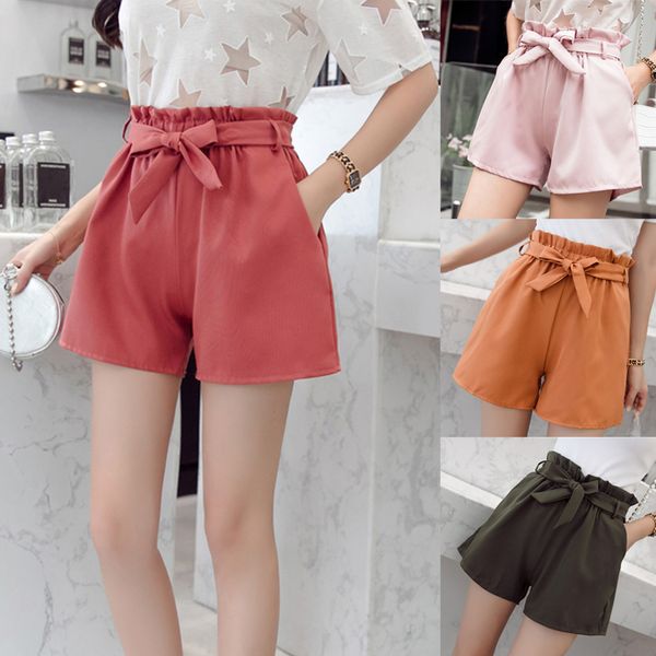 

women's wide-leg shorts loose thin high waist shorts with bow belt -opk, White;black