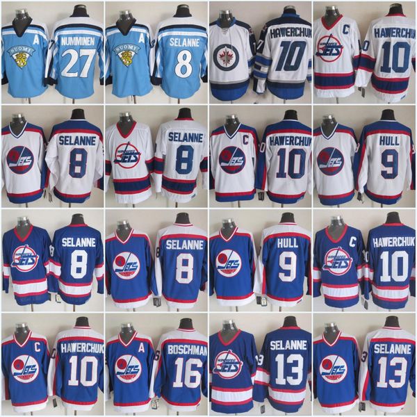 

Mens 10 Dale Hawerchuk Winnipeg Jets 9 Bobby Hull 13 Teemu Selanne 16 Laurie Boschman 27 Teppo Numminen Vintage Ice Hockey Jersey