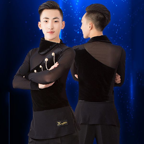 

latin dance shirts men black velvet lapel long sleeves cha cha rumba samba clothes male competition performance wear dnv11731, Black;red