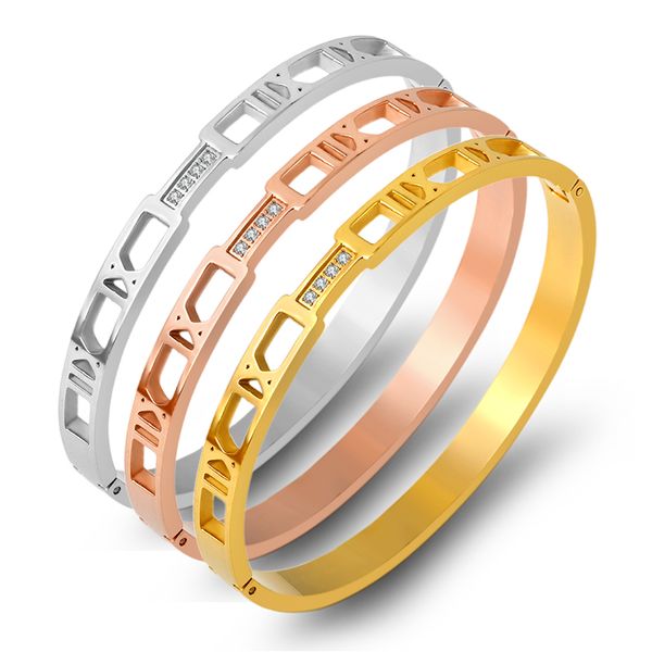 

vintage hollow roman letter crystals bangles & bracelets for women gold color charm cuff love bangles stainless steel jewelry, Black