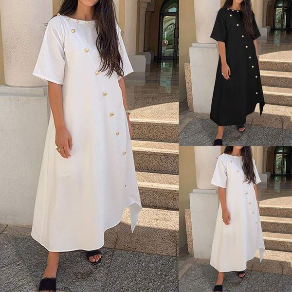 

fashion women half sleeve asymmetrical sundress celmia summer beaded maxi long dress casual loose vintage party vestidos robe, Black;gray