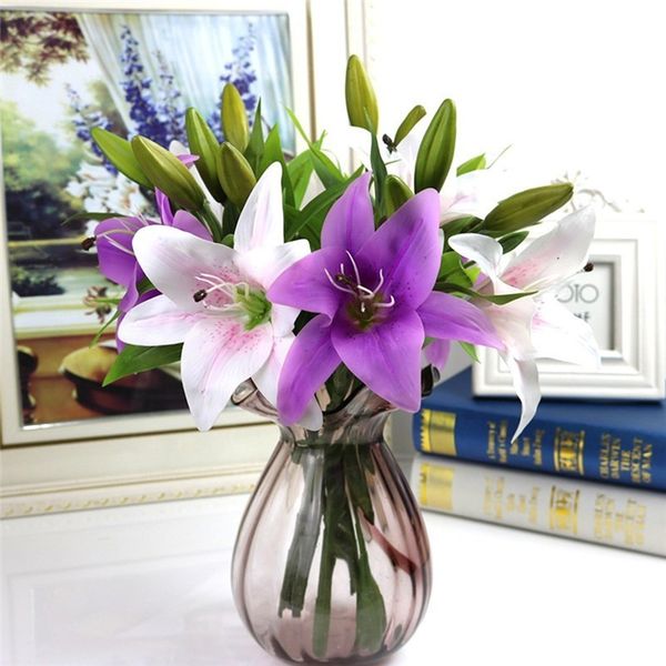 

2pcs real touch artificial lily flores wedding bridal fake flowers bouquet plants white lily home party decor for display