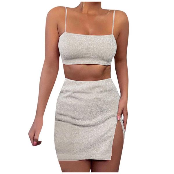 

jaycosin женский костюм мода сплошной блестящий жилет без рукавов вилка открытие сплит партии юбка 2 шт набор ансамбль femme jupe, White