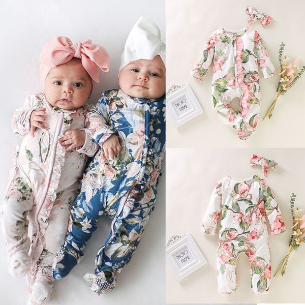 

infant baby girl kids floral print romper jumpsuit footed sleeper romper headband clothes outfits set autumn winter overalls, Blue