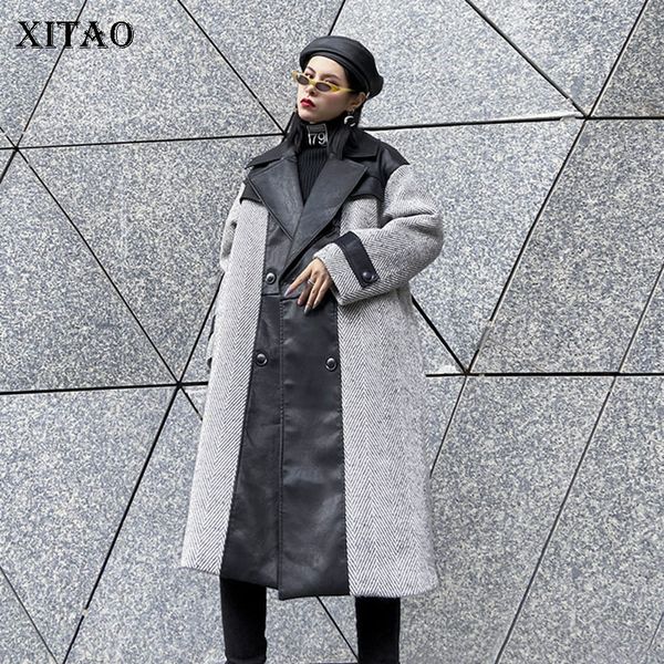 

xitao straight plus size blends fashion new patchwork full sleeve hit color double breast 2019 winter casual coat gcc3052, Black