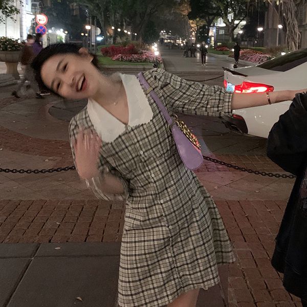 

rouwanbaby plaid dress womens spring contrasting color doll collar half sleeve waist temperament a- line skirt, Red