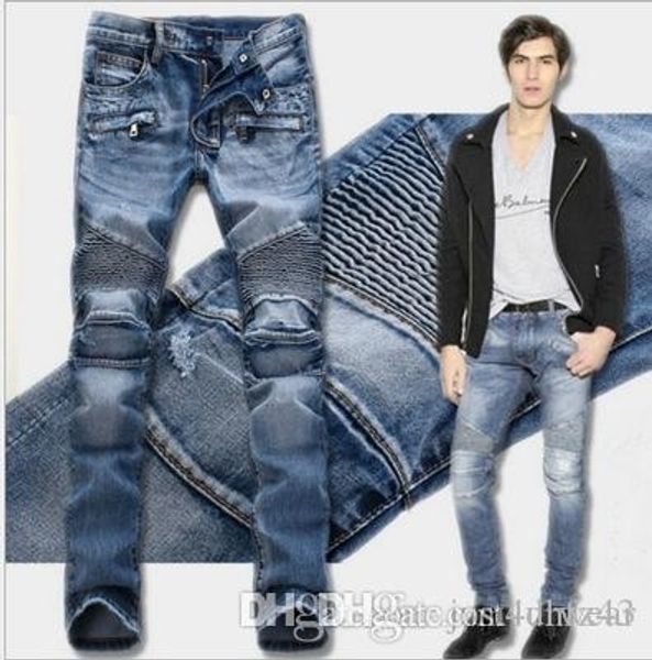 

mens fashion sell jeans skinny pencil pants distressed patchwork hip hop pants male seasons 2 color jeans, Blue
