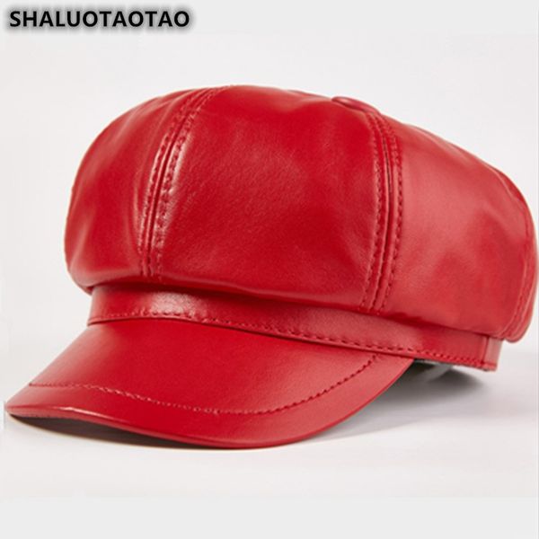 

shaluotaotao trend autumn fashion sheepskin newsboy caps new genuine leather hat for women elegant noble lady brands student cap, Blue;gray