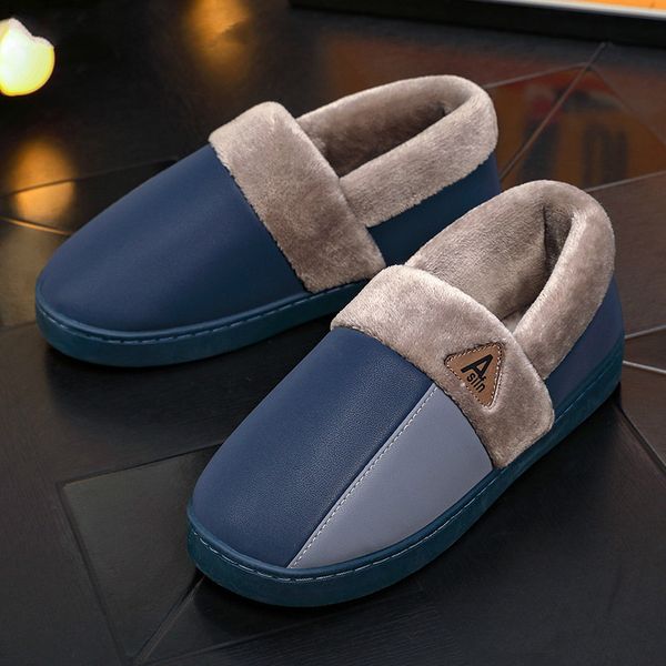 

coslony winter warm shoes men home slippers soft plush household slipper for lovers pu leather waterproof floor cotton shoes, Black