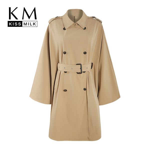 

kissmilk 2019 stylish simplicity temperament large size double-breasted belt asymmetry cape sleeve medium long trench coat, Tan;black