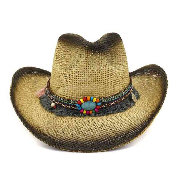 

wzcx 2019 new spray paint tassel colored stones cowboy straw hat tide outdoor personality women beach hat summer, Blue;gray
