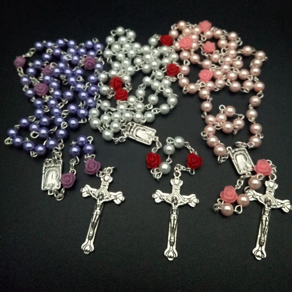 

vintage religious white simulated pearl beads red rose catholic rosary necklace women long strand necklaces jesus jewelry gift, Silver