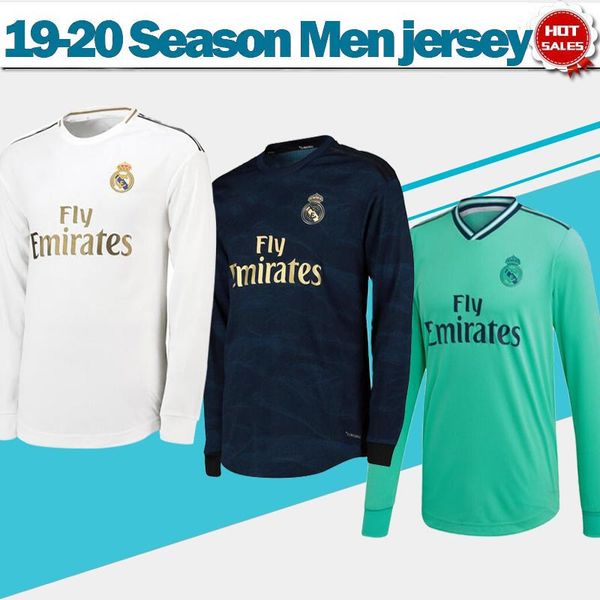

2020 real madrid long sleeve home #7 hazard #9 benzema soccer jerseys 19/20 full sleeve away soccer shirts 3rd green football uniforms, Black;yellow