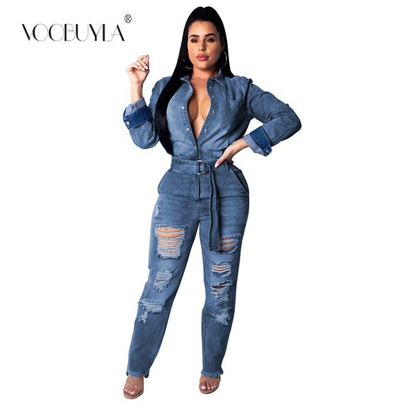 

hollow ripped denim rompers womens jumpsuit turn down collar long sleeve jeans overall casual buttons up sashes party bodysuit, Black;white