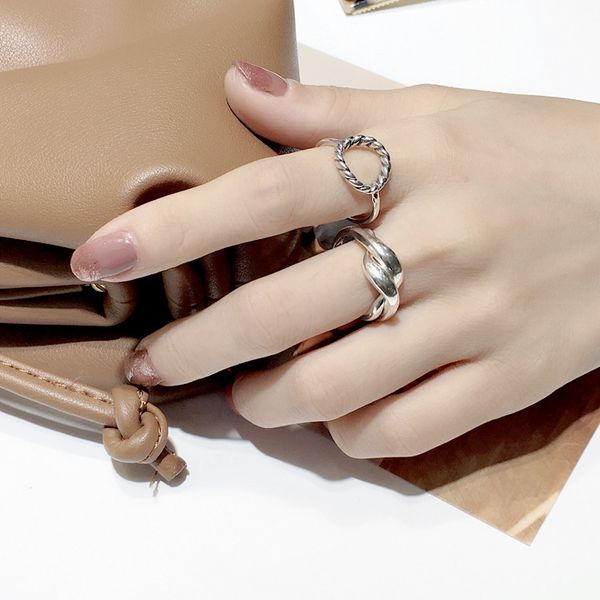 

korea s925 fine silver shuanghuan winding irregular wave stacked adjustable ring women's linen flower color circular ring, Golden;silver