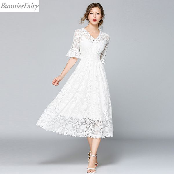 

bunniesfairy 2019 summer new women paris elegant princess sweet style white floral crochet long pendulum midi dress v-neck party, Black;gray