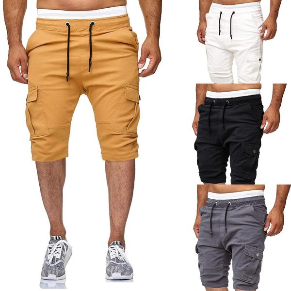 

2019 summer men's shorts fashion casual solid color lace men's big pocket sports fitness shorts, White;black
