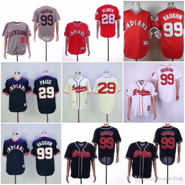 

Cheap news Cleveland 28# KLUBER 29# PAIGE 99# VAUGHN White Blue Red Retro Baseball News Shirt Stitched