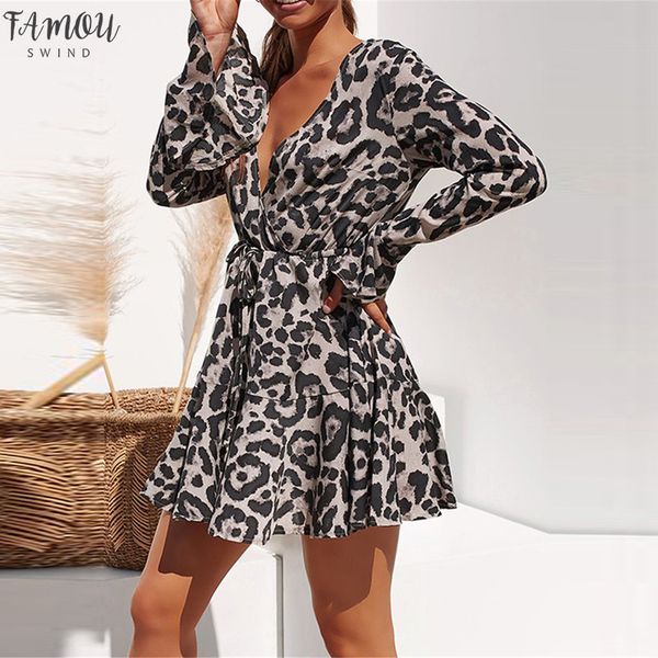 

leopard print mini dress 2020 women deep v neck animal print dress autumn long flare sleeve ruffles ladies vintage dresses, Black;gray
