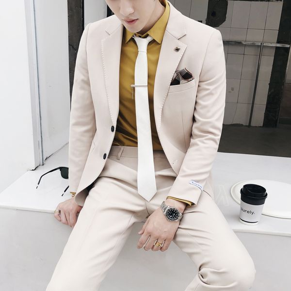 

2019 men suit casual business dress solid color classic suits 2 piece coat pants single-breasted man fashion suit slim fit white, White;black